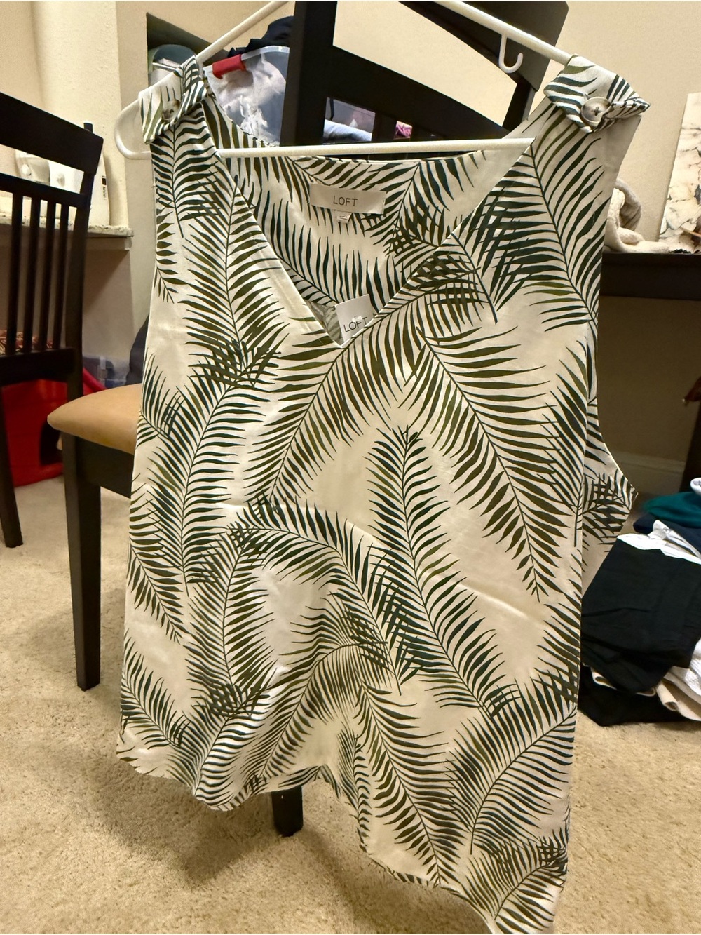 LOFT Palm-Print Tie-Strap Tank Top - Green on Cream